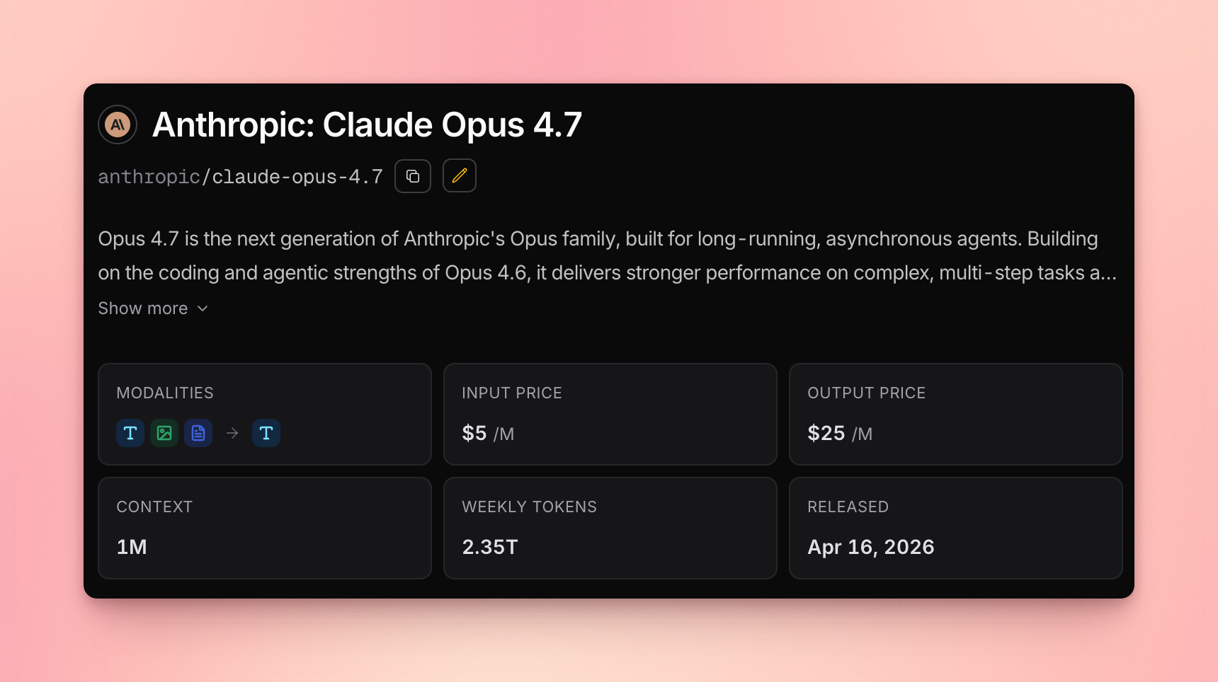 Claude Opus 4.7 pricing card: $5 per million input tokens, $25 per million output tokens